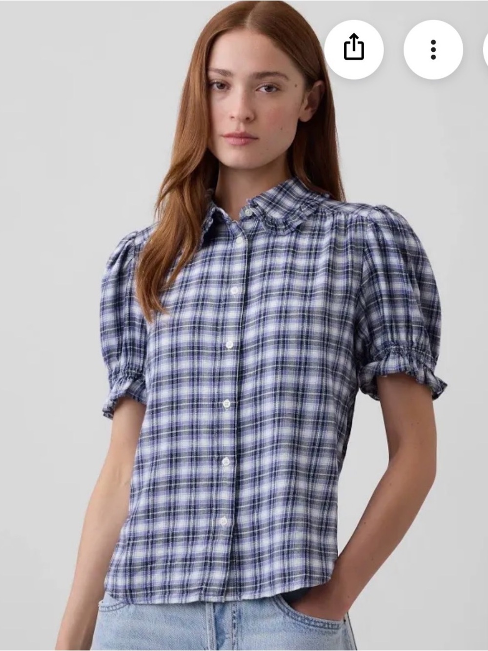 GAP Blue Plaid Puff-Sleeve Button-Down Shirt